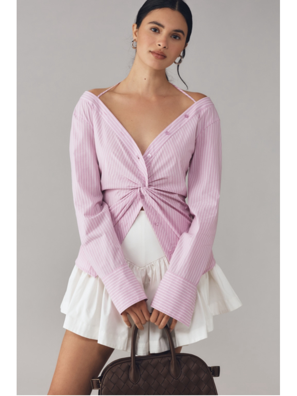 Good‎ American Off-Shoulder Poplin Twist Top — Pink Stripe — NWT Sz S